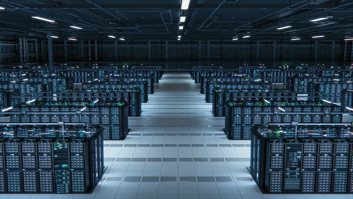 Modern data technology center server racks working in a well-lit room