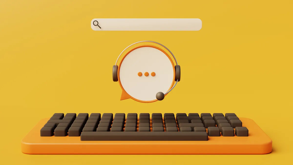 IT service desk worker graphic illustrating a search box and telephone on an orange background