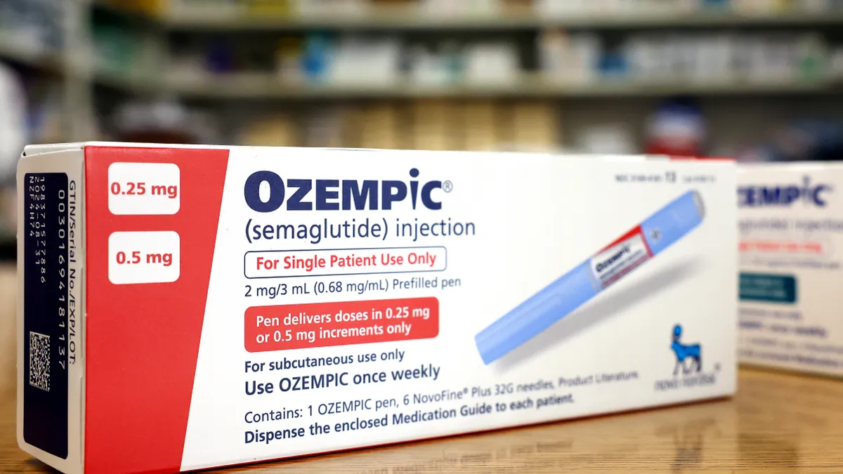 Boxes of the diabetes drug Ozempic rest on a pharmacy counter on April 17, 2023 in Los Angeles, California.