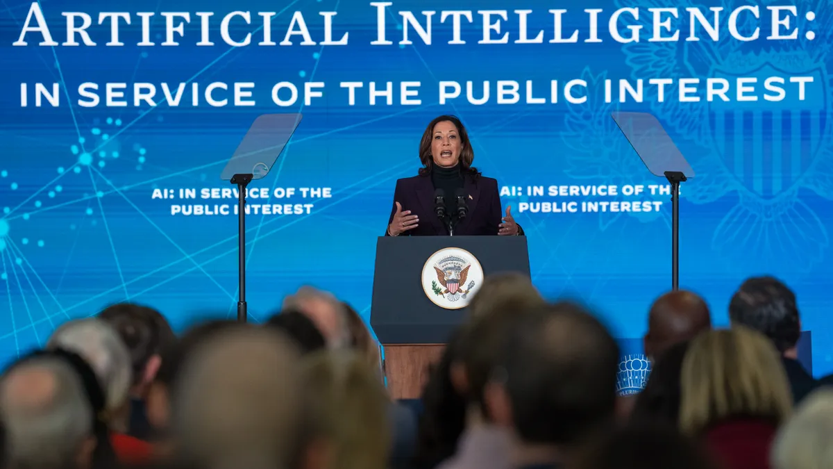 United States Vice President Kamala Harris delivers an address on Artificial Intelligence policy at the U.S. embassy