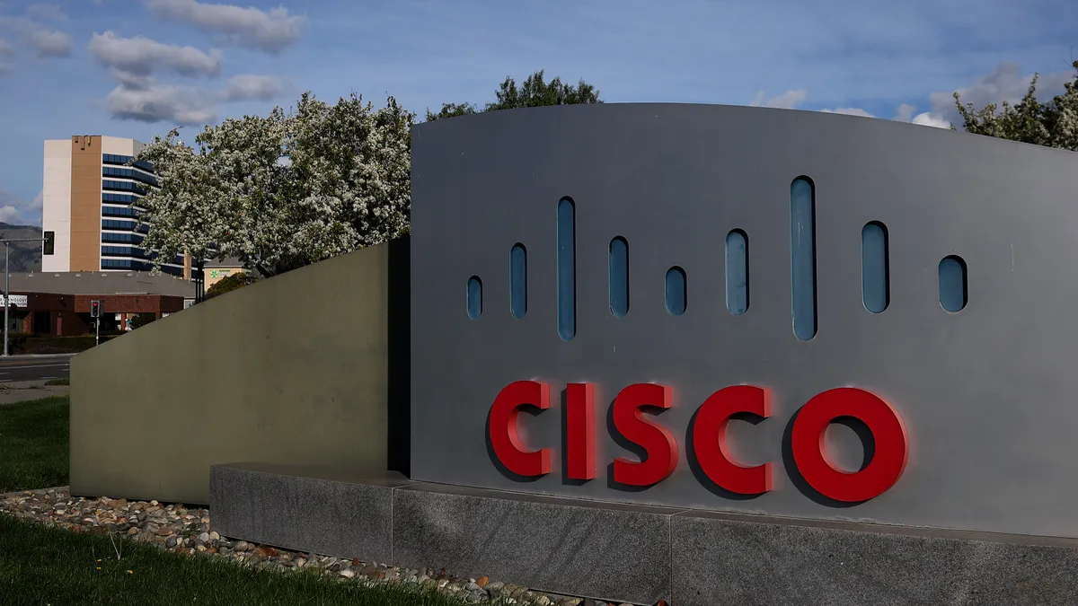 The Cisco logo is displayed in front of Cisco headquarters on February 09, 2024 in San Jose, California.